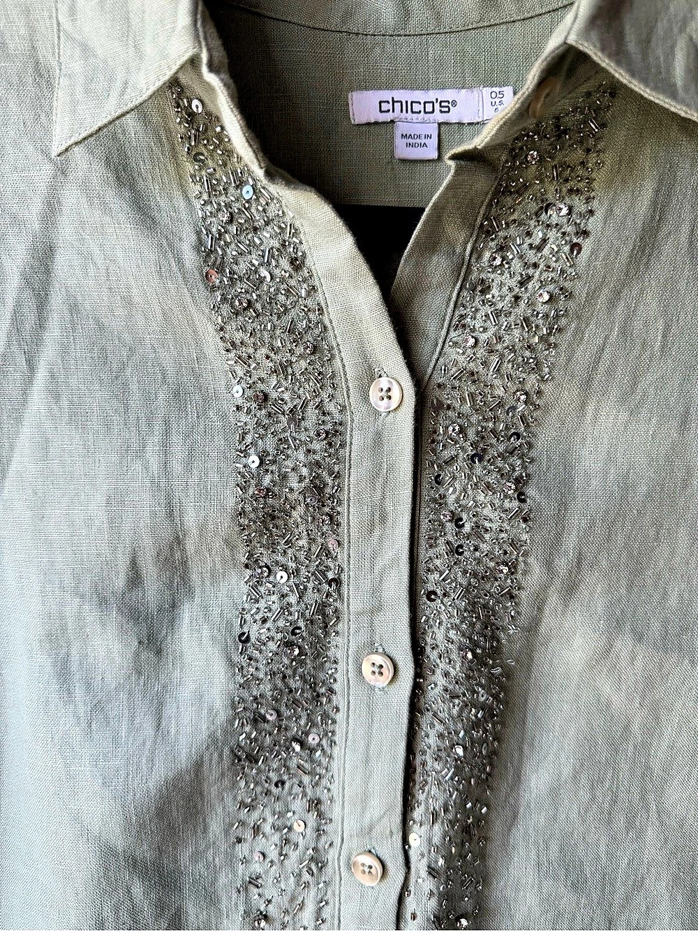 Chico's Linen Embellished Midi Shirt Dress Green Medium